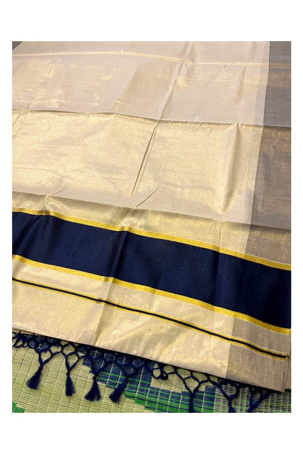 Kerala Kasavu Tissue Plain Saree with Navy Blue and Kasavu Border (Onam Saree 2023)