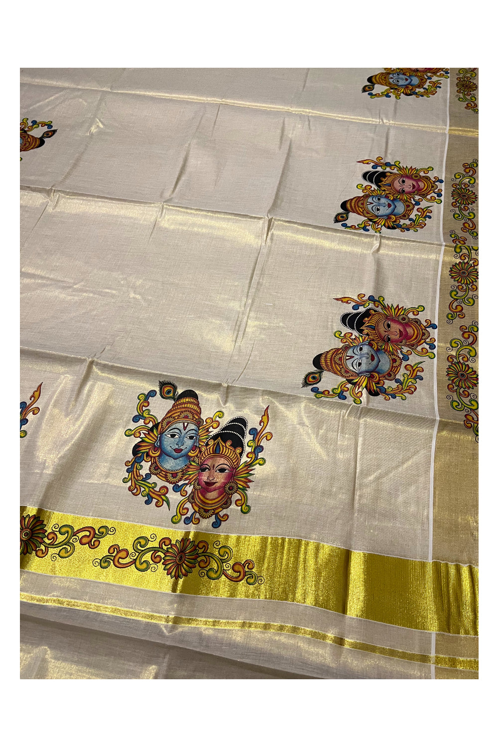 Kerala Tissue Kasavu Saree With Mural Printed Krishna Radha Design and Floral Works on Border