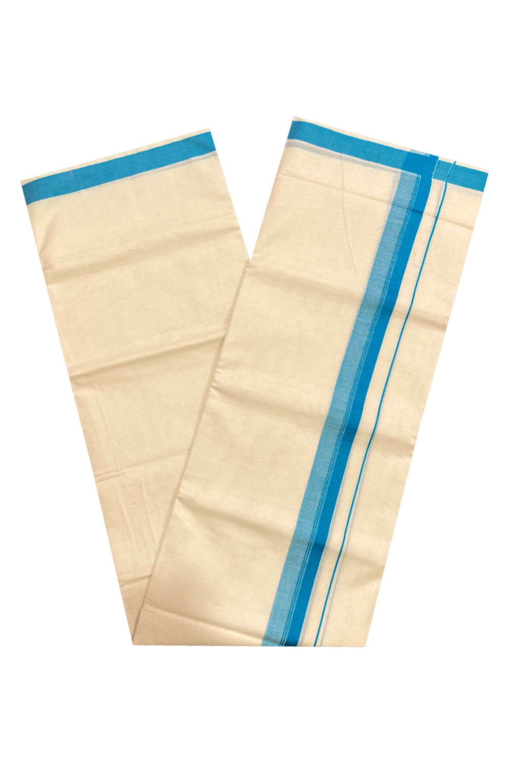 Off White Pure Cotton Double Mundu with Blue Border (South Indian Kerala Dhoti)