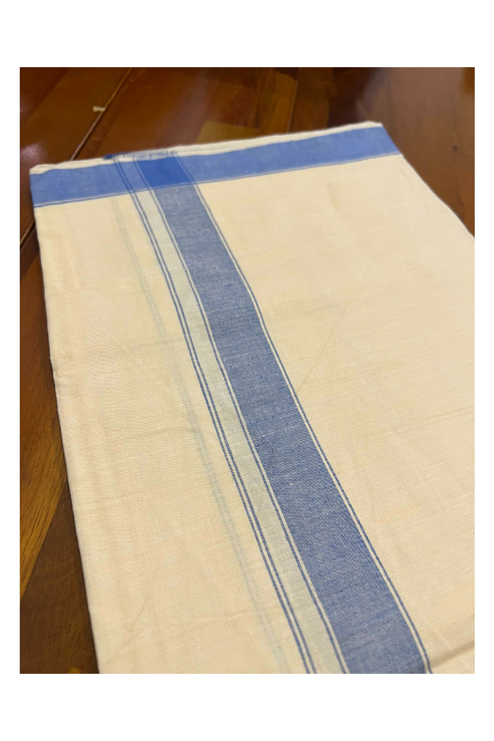 Southloom Premium Handloom Cream (Kodi colour) Single Mundu with Blue Border (Lungi)