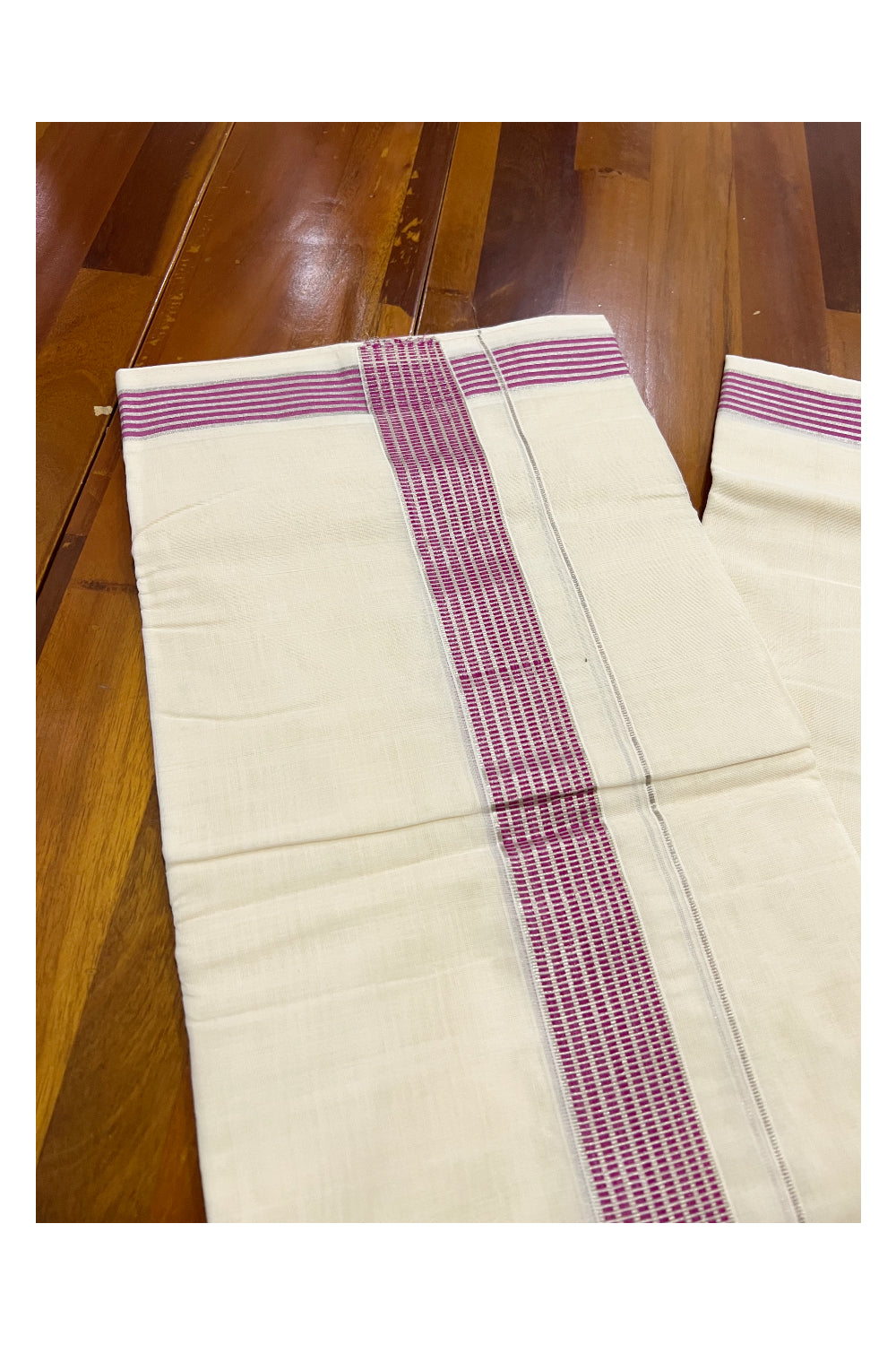 Southloom Kuthampully Handloom Pure Cotton Mundu with Silver Kasavu and Magenta Border (South Indian Dhoti)