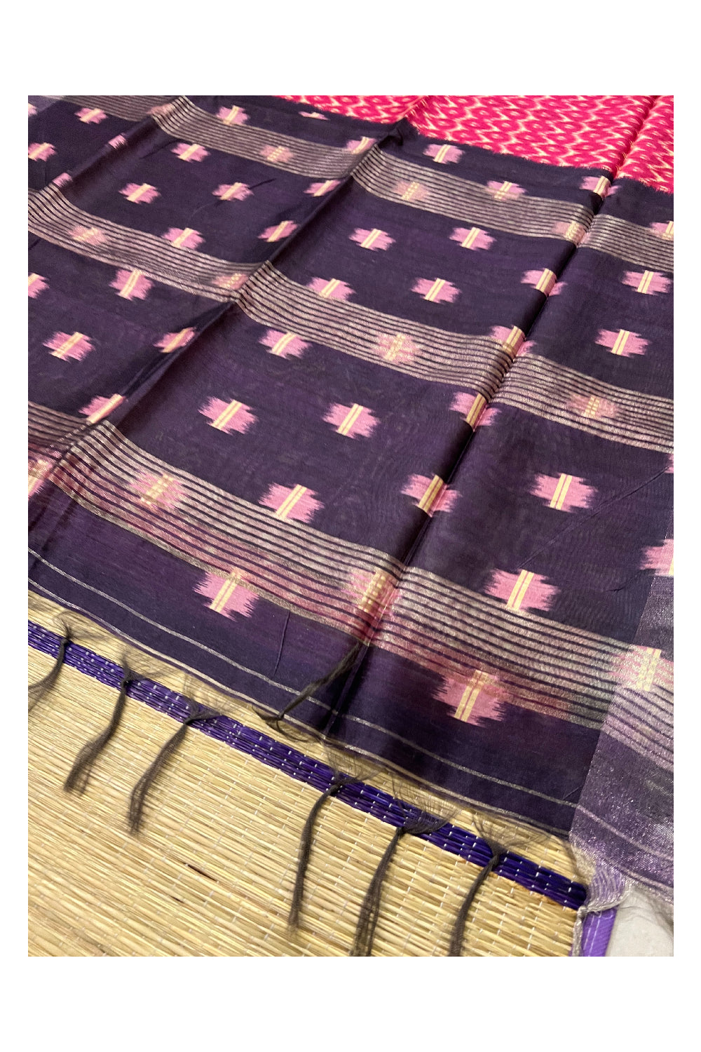 Southloom Tussar Silk Pochampally Themed Rose and White Printed Saree