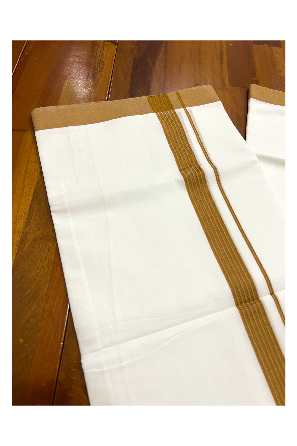 Pure White Cotton Double Mundu with Lines on Brownish Yellow Border (South Indian Dhoti)