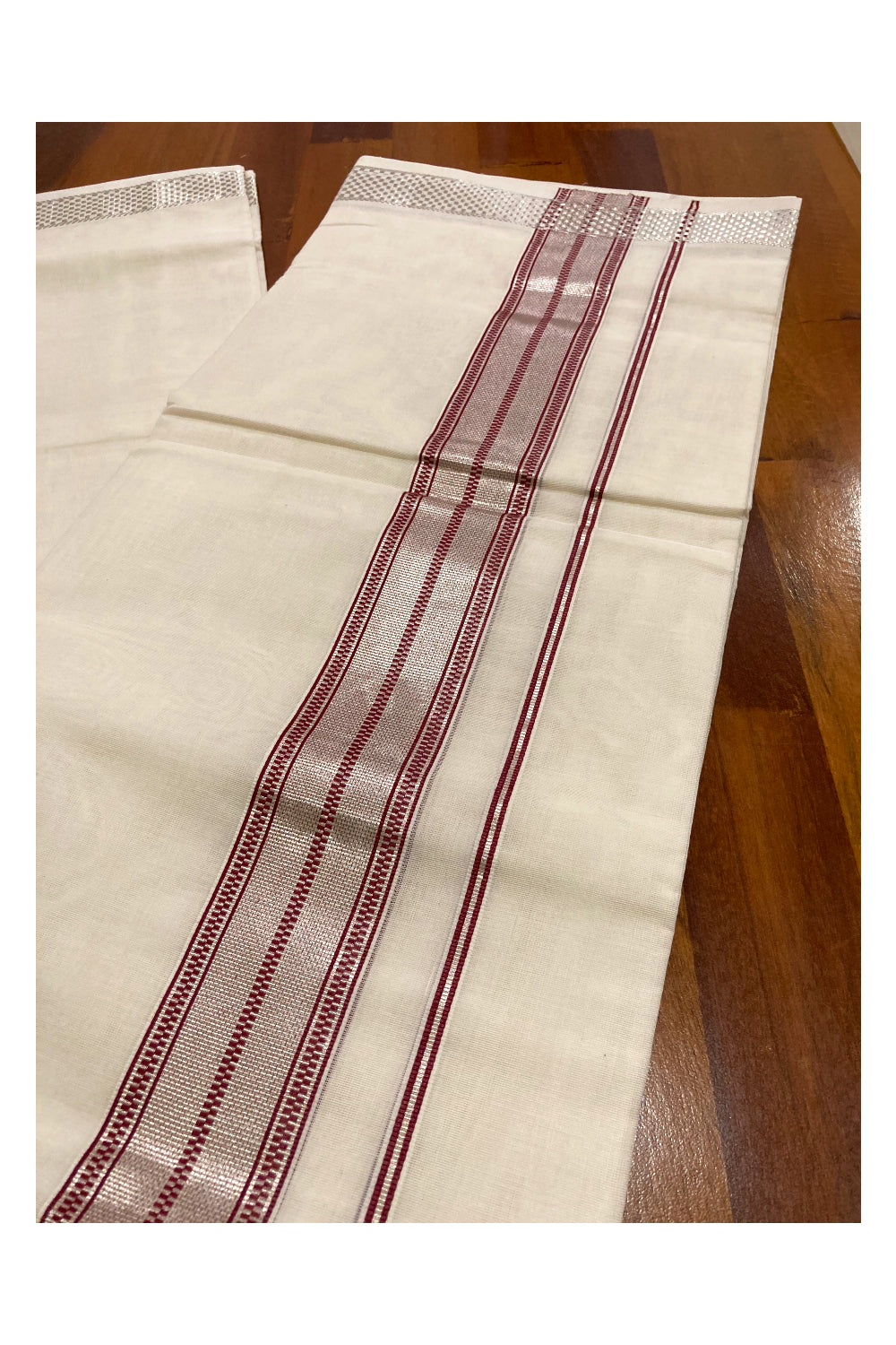 Southloom Premium Handloom Pure Cotton Mundu with Maroon and Silver Kasavu Border (South Indian Dhoti)