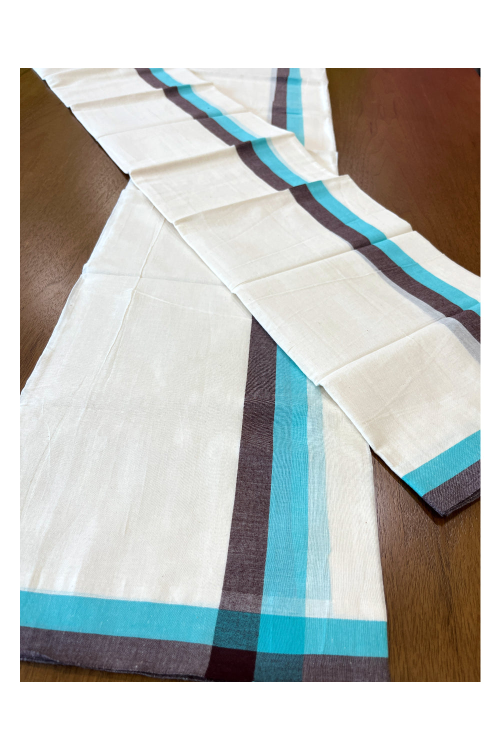 Kerala Cotton Mulloth Mundum Neriyathum Single (Set Mundu) with Turquoise and Brown Border (Extra Soft Cotton) 2.80 Mtrs