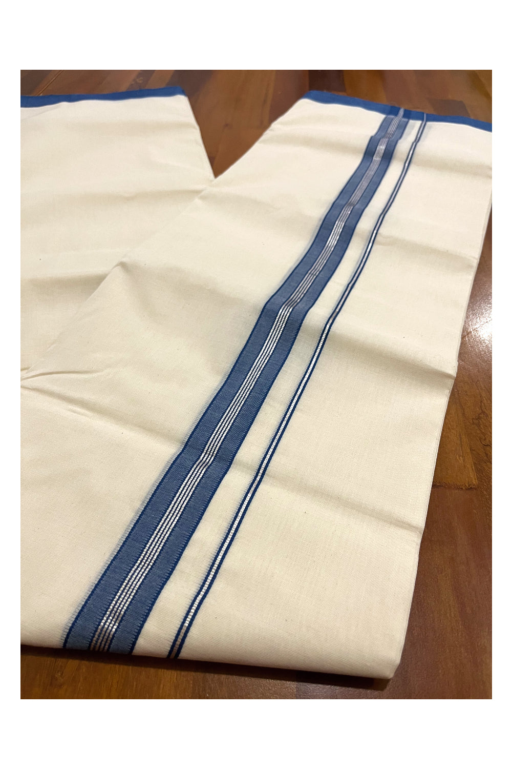 Southloom Premium Handloom Double Mundu with Blue and Silver Kasavu Border