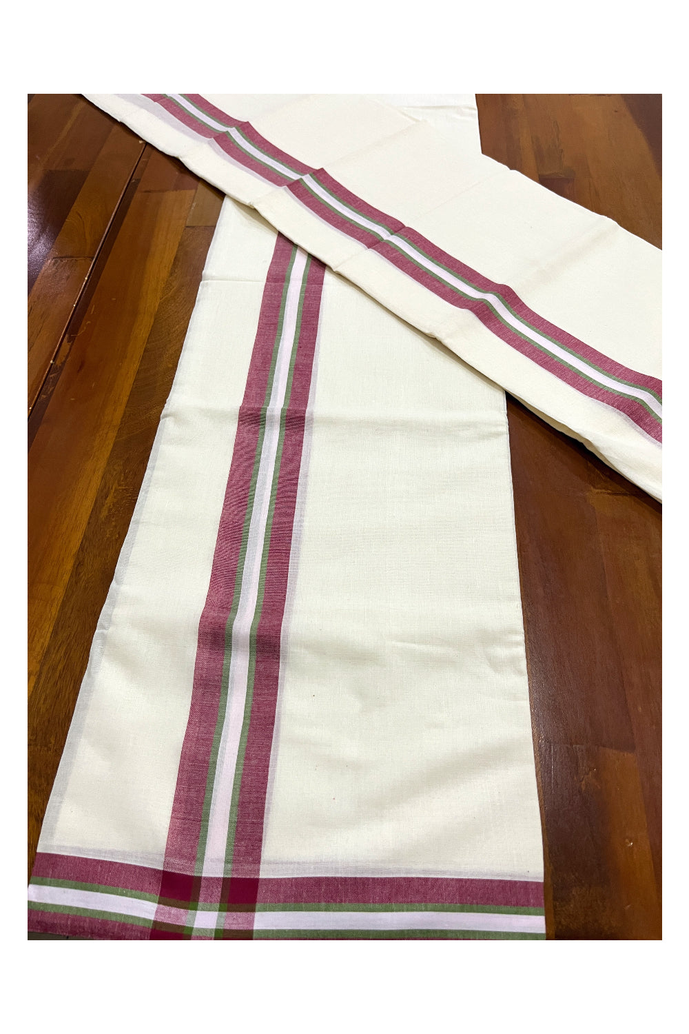 Kerala Cotton Mundum Neriyathum Single (Set Mundu) with Red and Green Mulloth Border (Extra Soft Cotton) 2.80 Mtrs