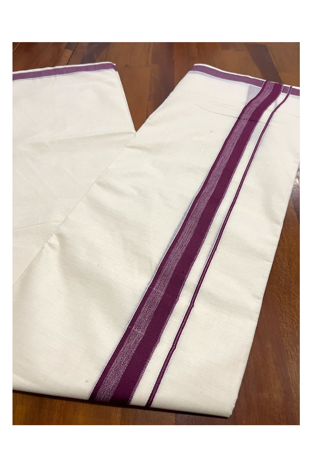 Pure Cotton Double Mundu with Purple Kara (South Indian Kerala Dhoti)