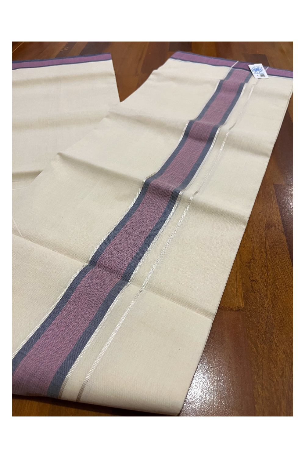 Southloom Premium Unakkupaavu Handloom Wedding Mundu with Pink Grey and Silver Kasavu Border