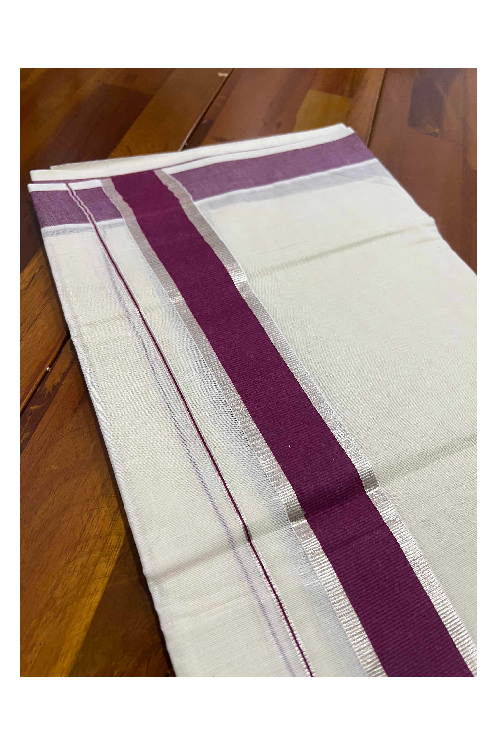 Off White Kerala Double Mundu with Silver Kasavu and Purple Border (South Indian Dhoti)