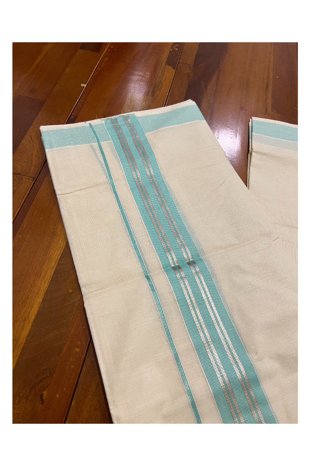 Off White Kerala Double Mundu with Silver Kasavu and Turquoise Line Border (South Indian Dhoti)