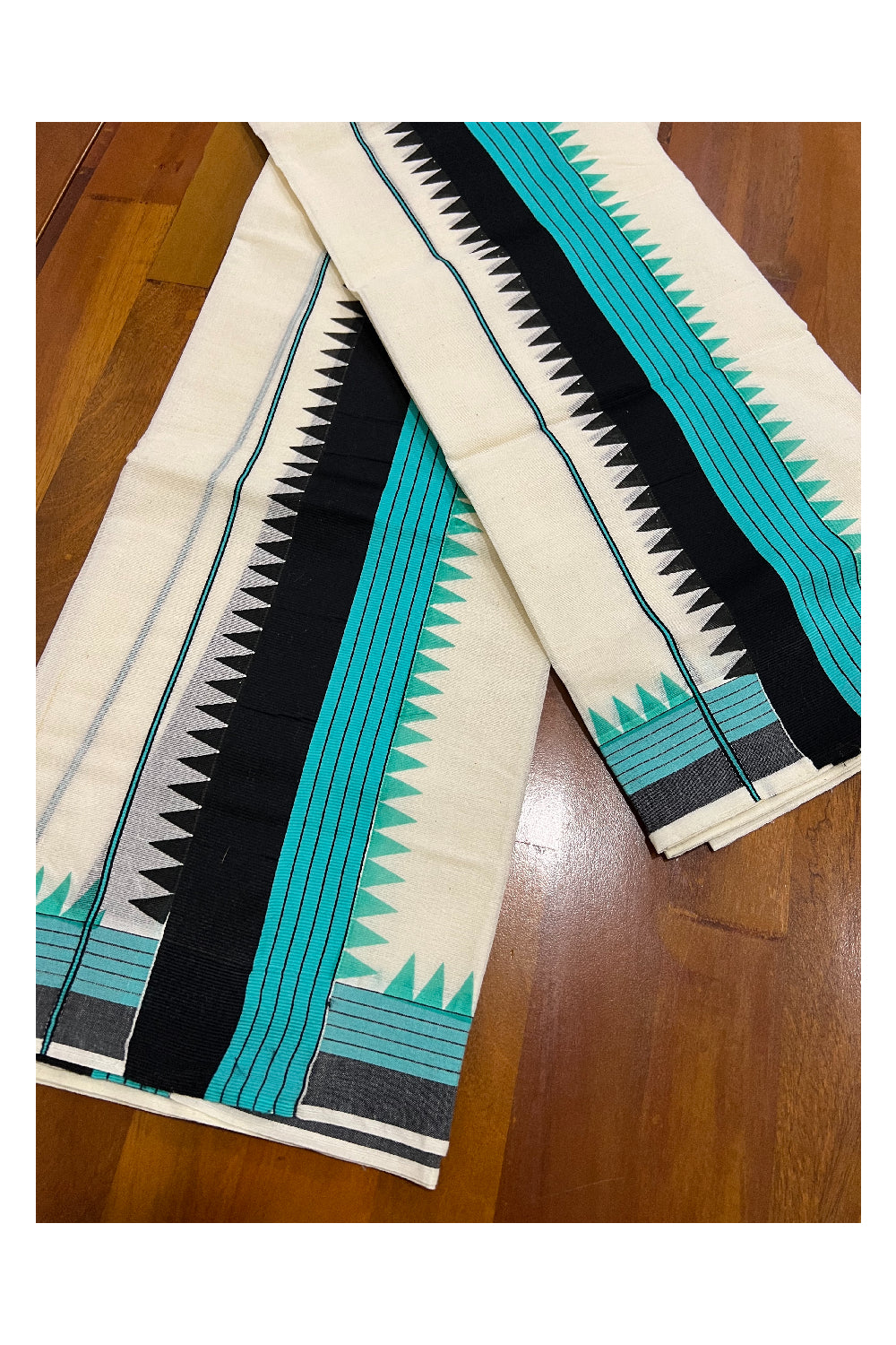 Pure Cotton Set Mundu (Mundum Neriyathum) with Turquoise and Black Temple Block Prints on Border