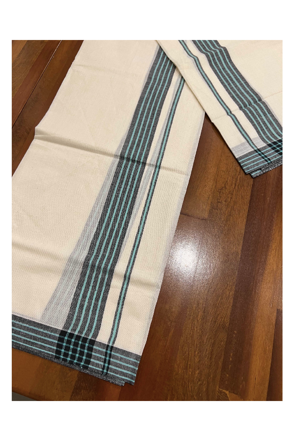 Kerala Cotton Mundum Neriyathum Single (Set Mundu) with Black and Light Blue Mulloth Border (Extra Soft Cotton)