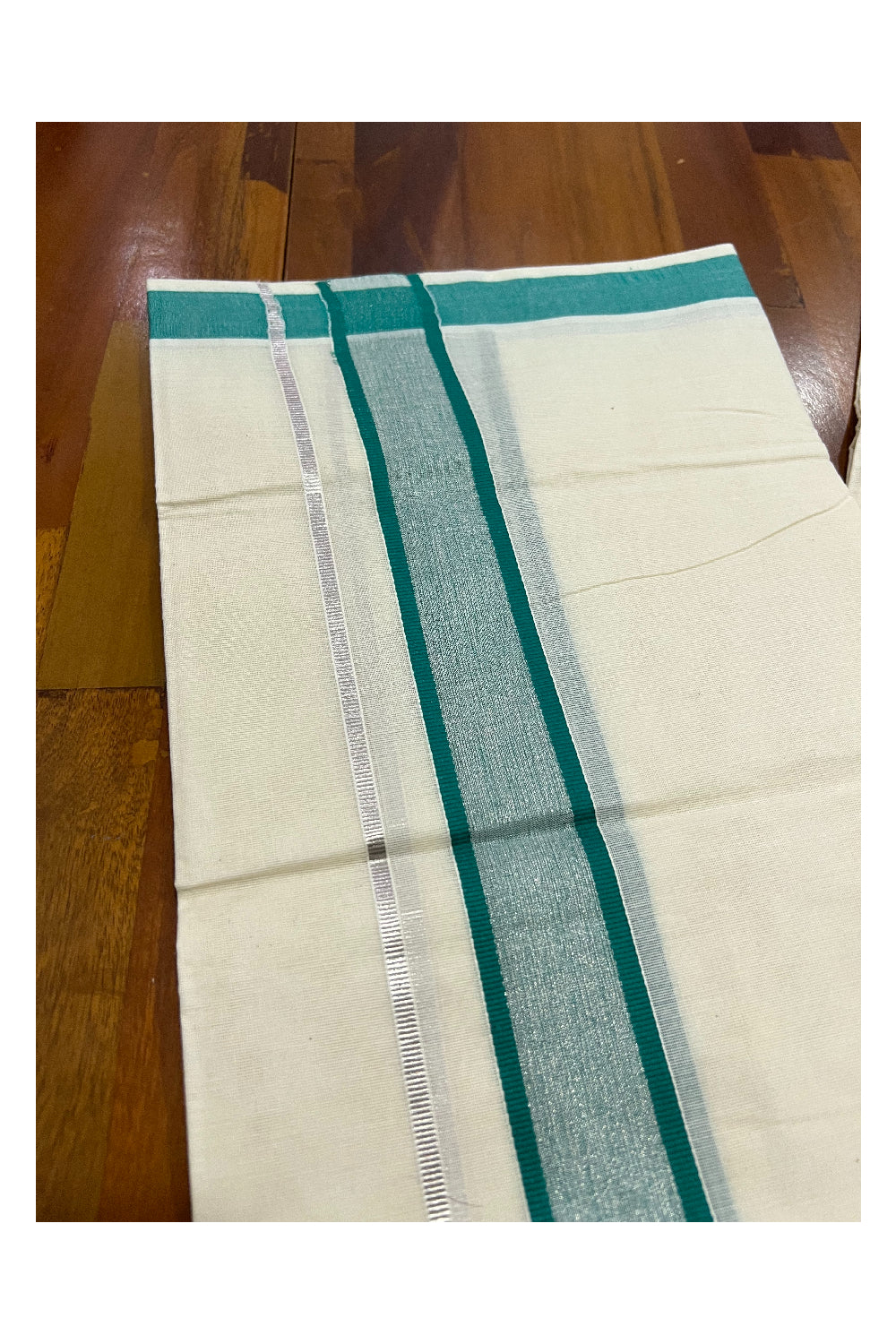 Pure Cotton Off White Double Mundu with Silver Kasavu and Green Border (South Indian Dhoti)