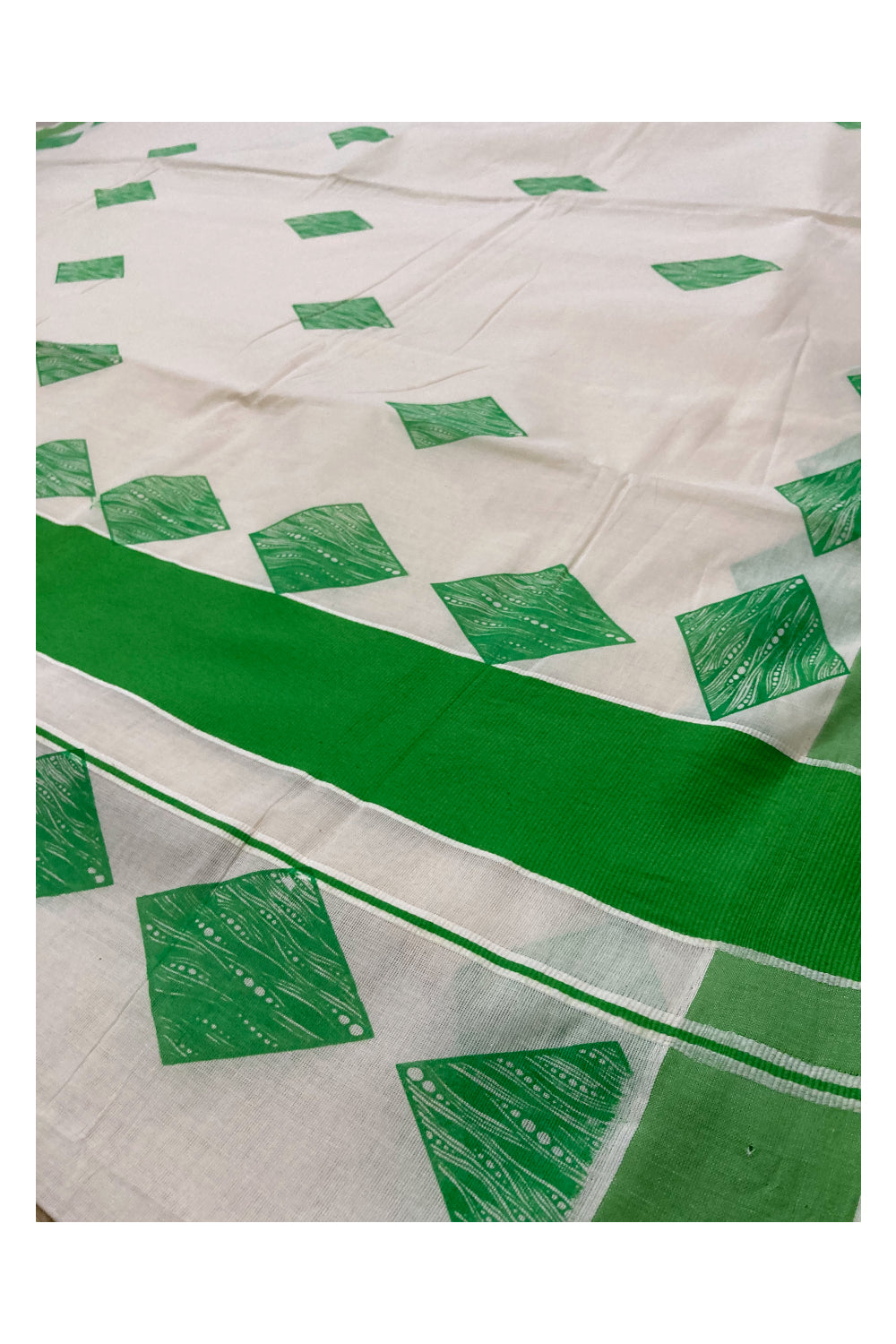 Pure Cotton Kerala Saree with Light Green Block Printed Design