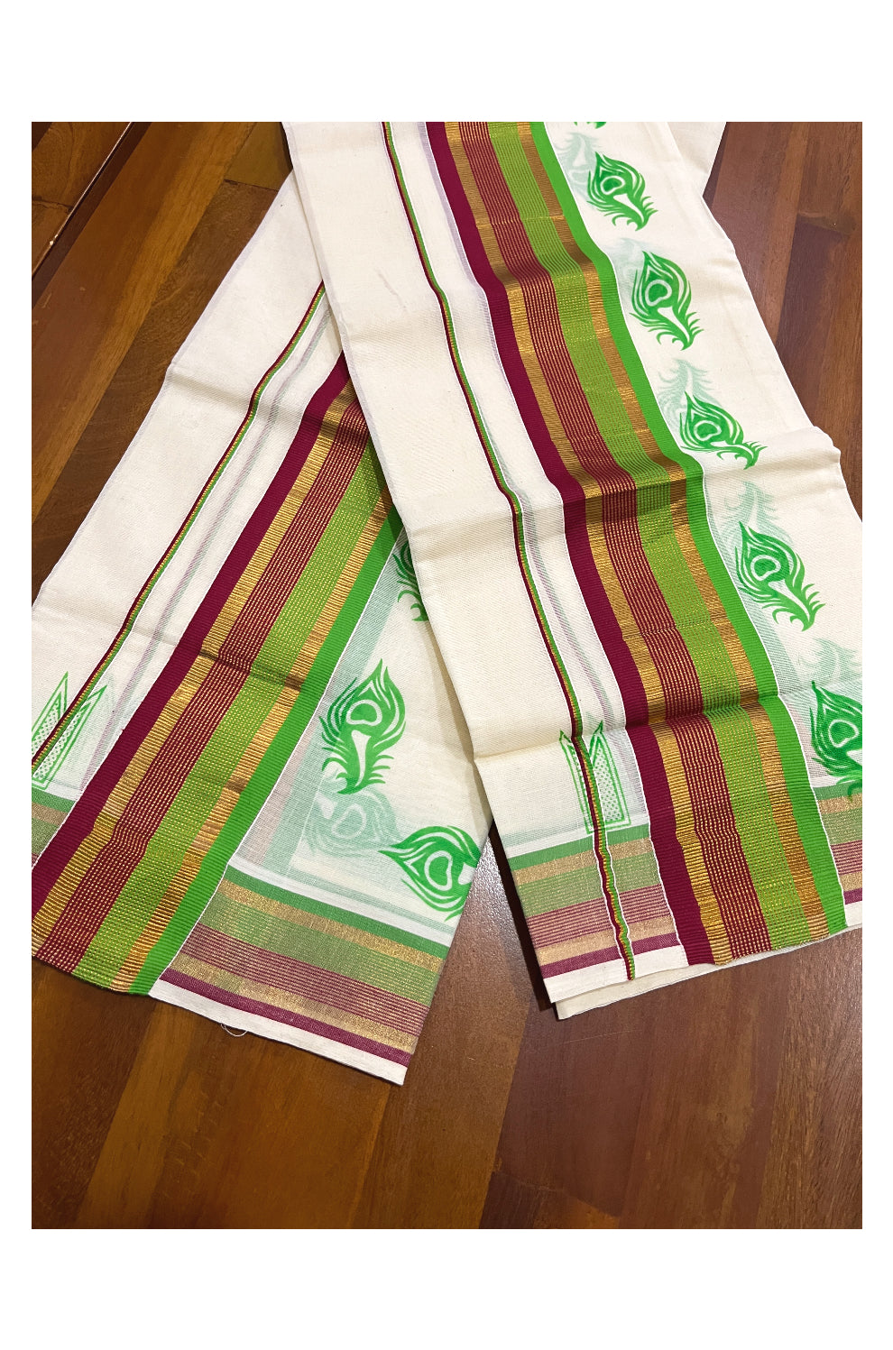 Pure Cotton Kasavu Single Set Mundu (Mundum Neriyathum Vishu 2023) with Green Feather Block Prints and Maroon Green Border