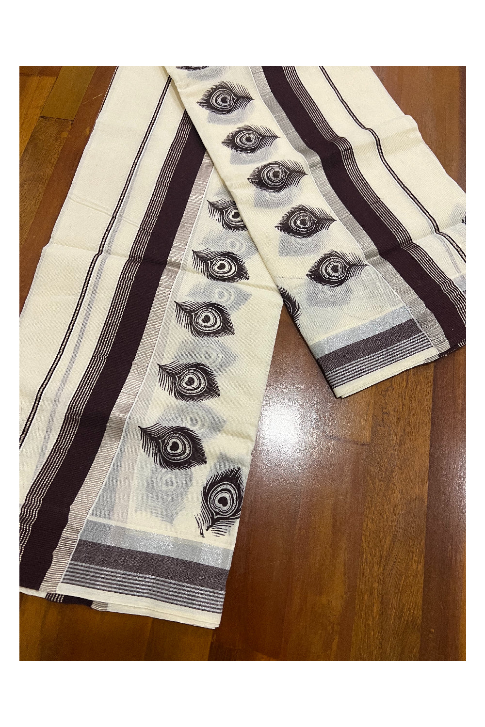 Pure Cotton Silver Kasavu Set Mundu (Mundum Neriyathum) with Dark Brown Feather Block Prints on Border