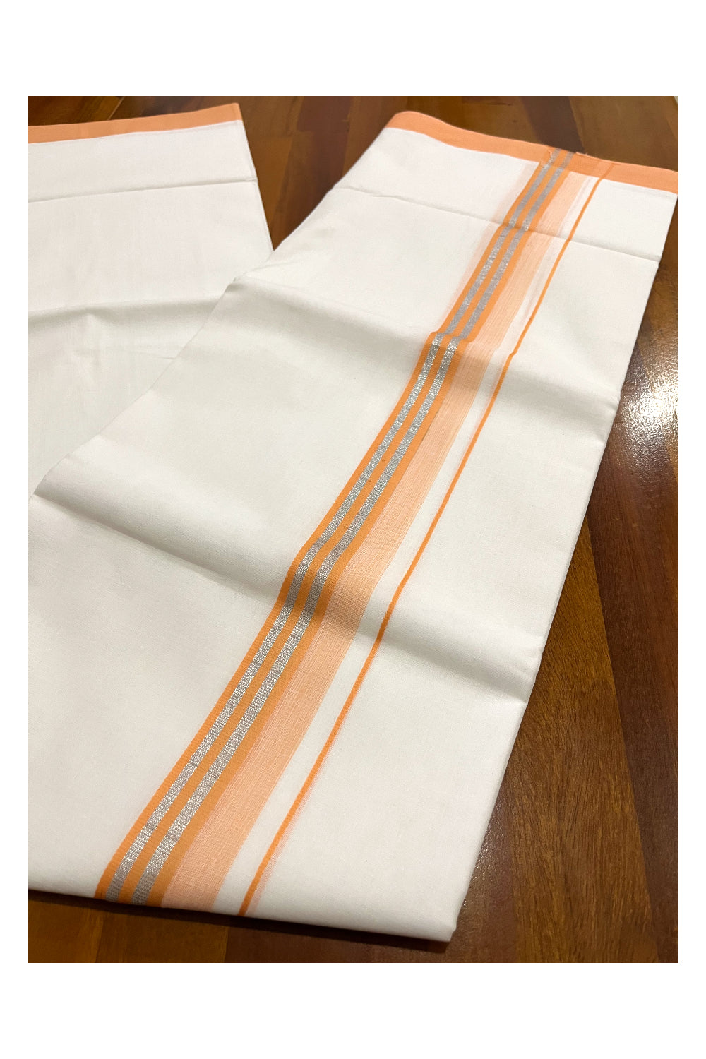 Pure White Cotton Double Mundu with Silver Kasavu and Orange Border (South Indian Dhoti)