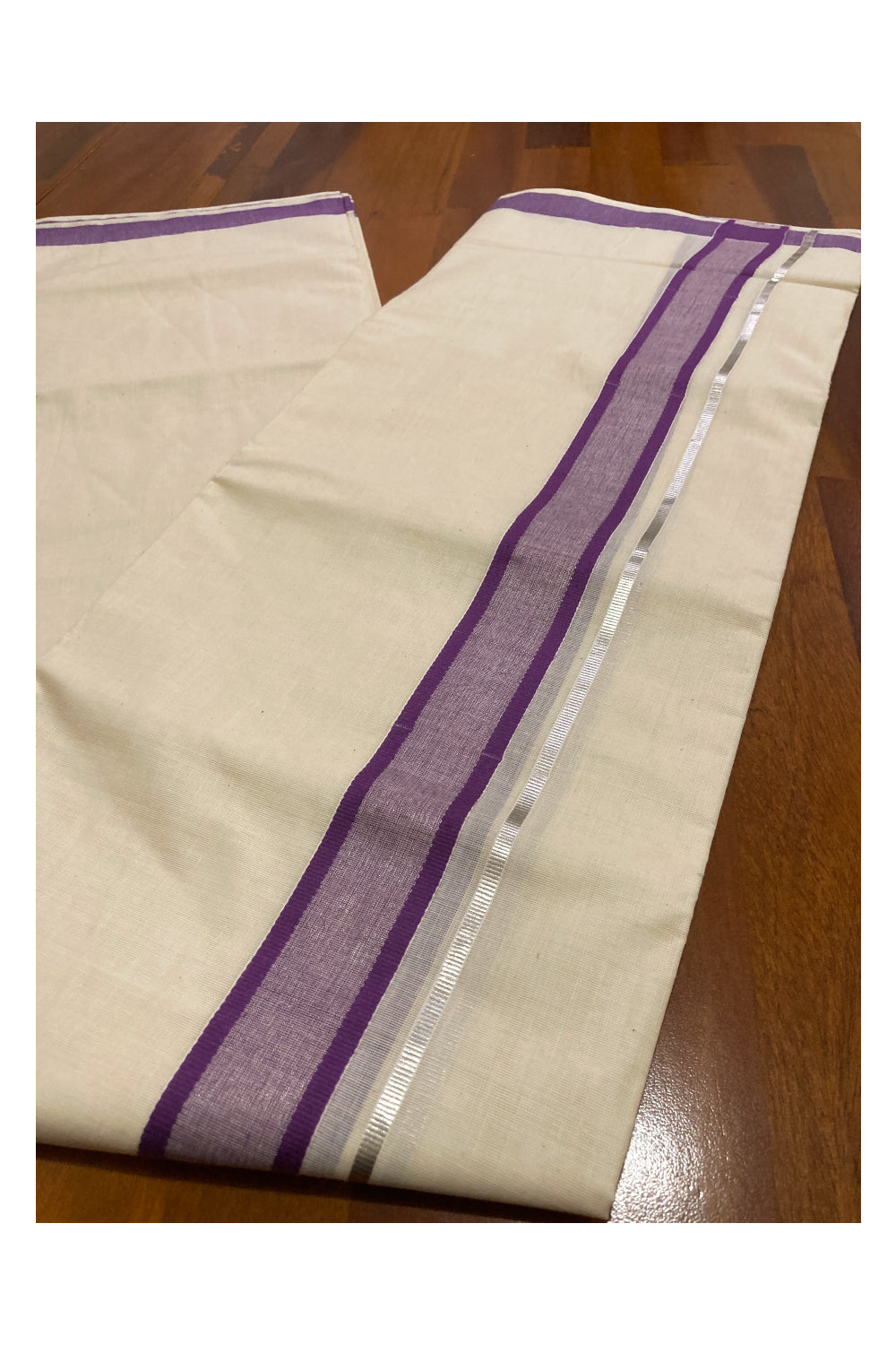 Off White Pure Cotton Double Mundu with SIlver Kasavu and Violet Border (South Indian Kerala Dhoti)