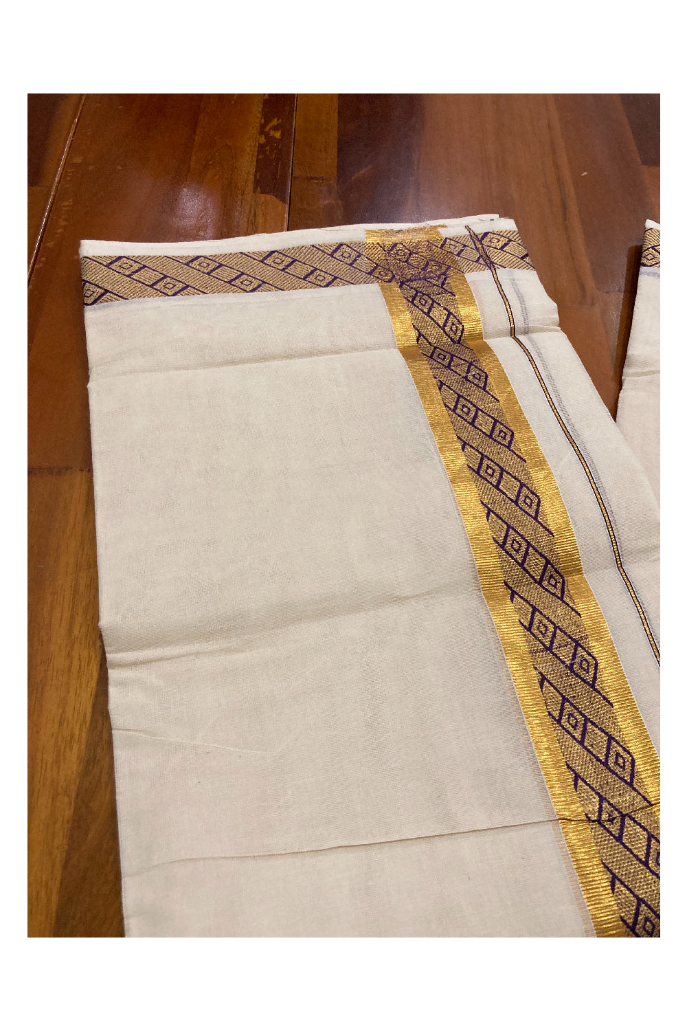 Off White Kerala Double Mundu with Kasavu and Violet Woven Border (South Indian Dhoti)