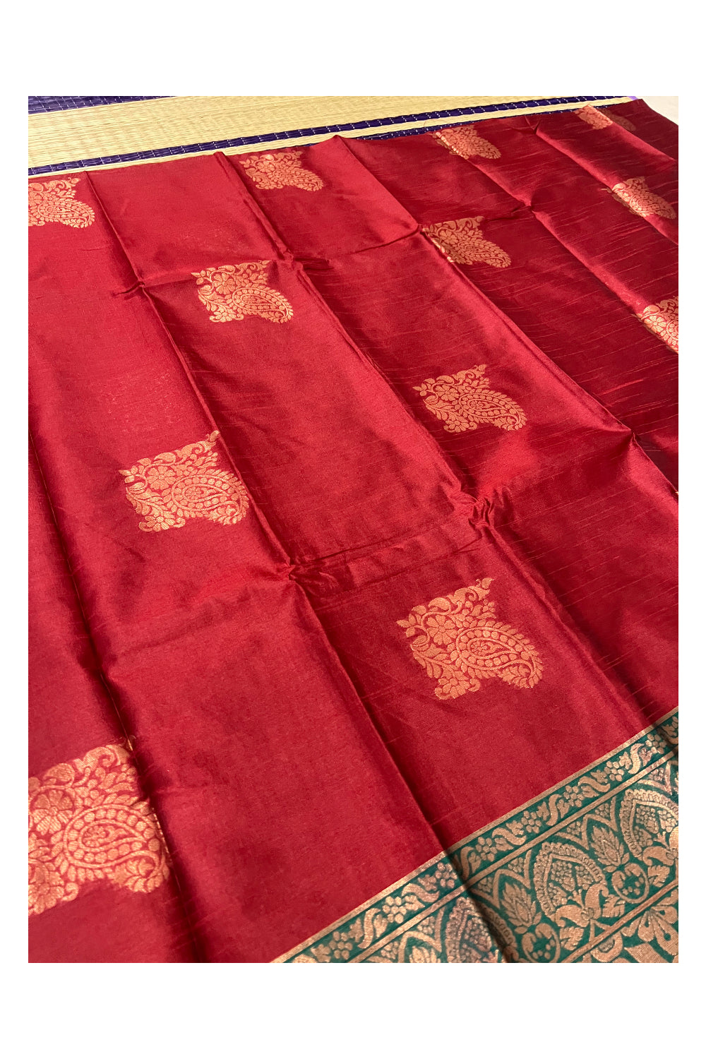 Southloom Red Semi Silk Designer Saree with Copper Kasavu Woven Works on Body