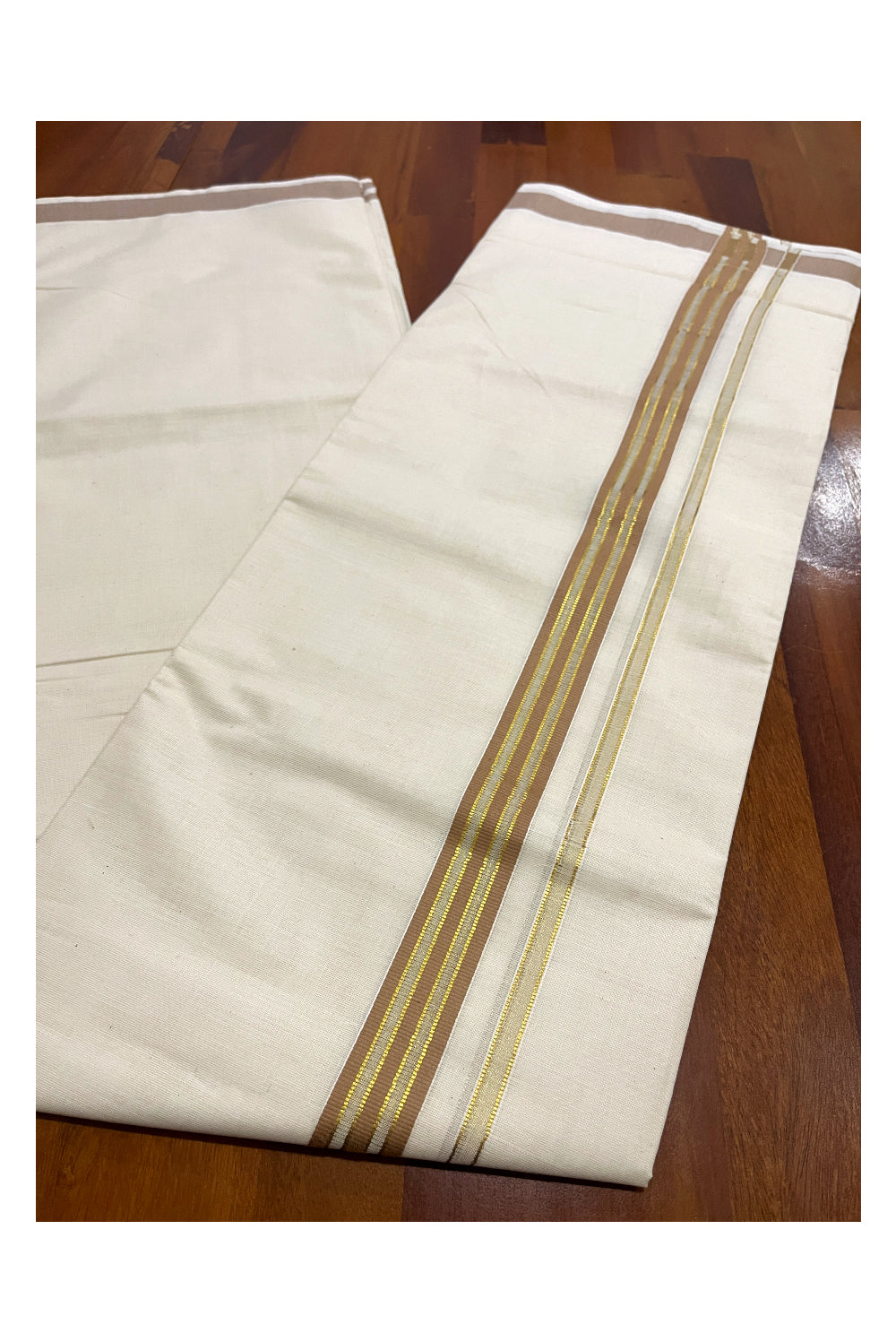 Pure Cotton Off White Double Mundu with Brown and Kasavu Kara (South Indian Dhoti)