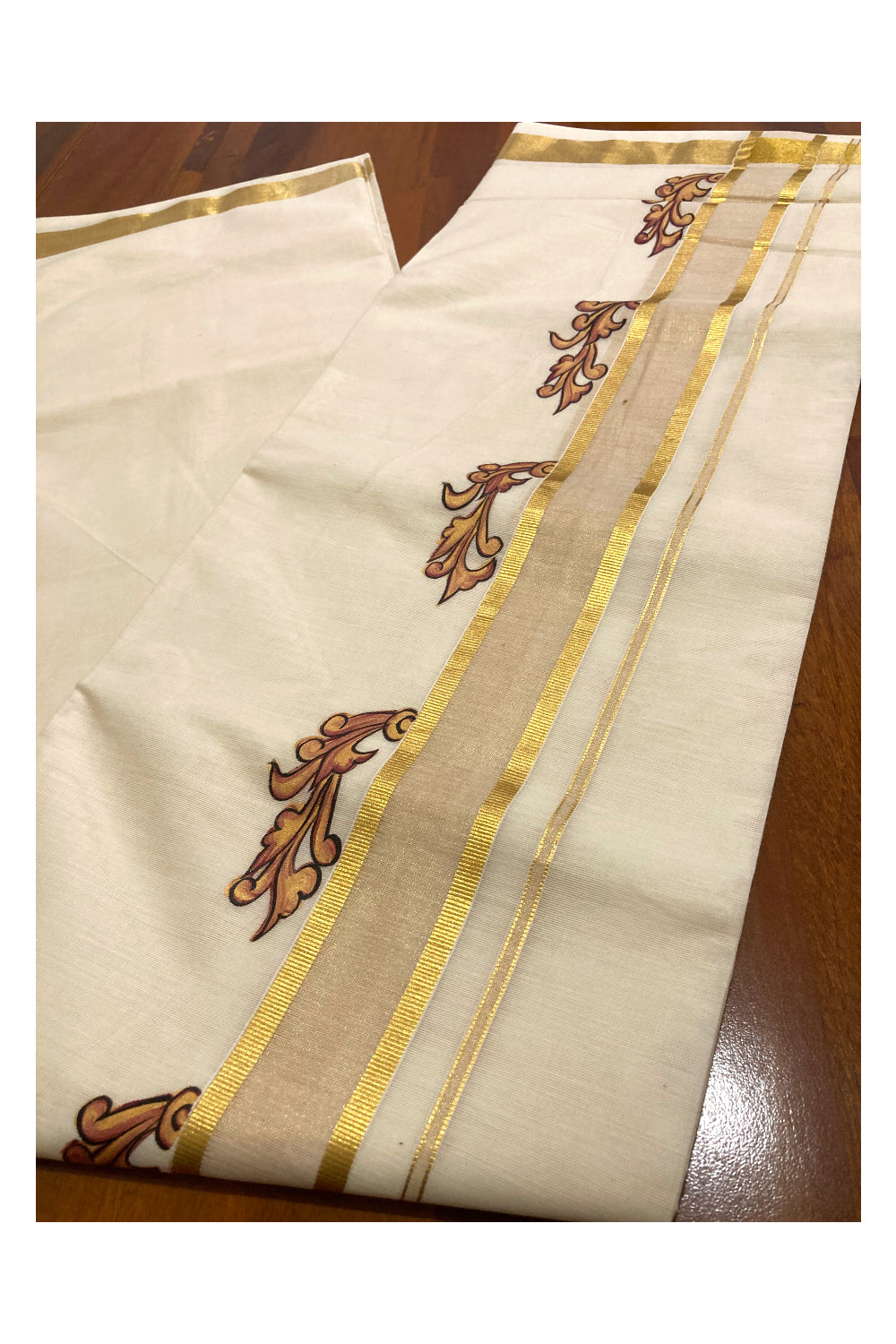 Off White Pure Cotton Double Mundu with Mural Prints on Kasavu Kara (South Indian Dhoti)