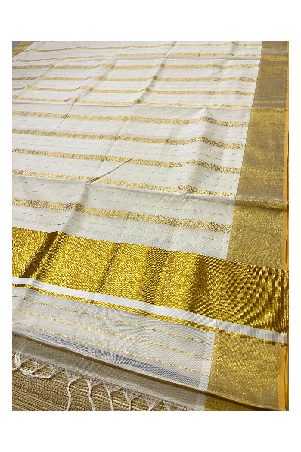 Southloom™ Original Handloom Cotton Saree with Woven Design Pallu and Kasavu Lines Across Body