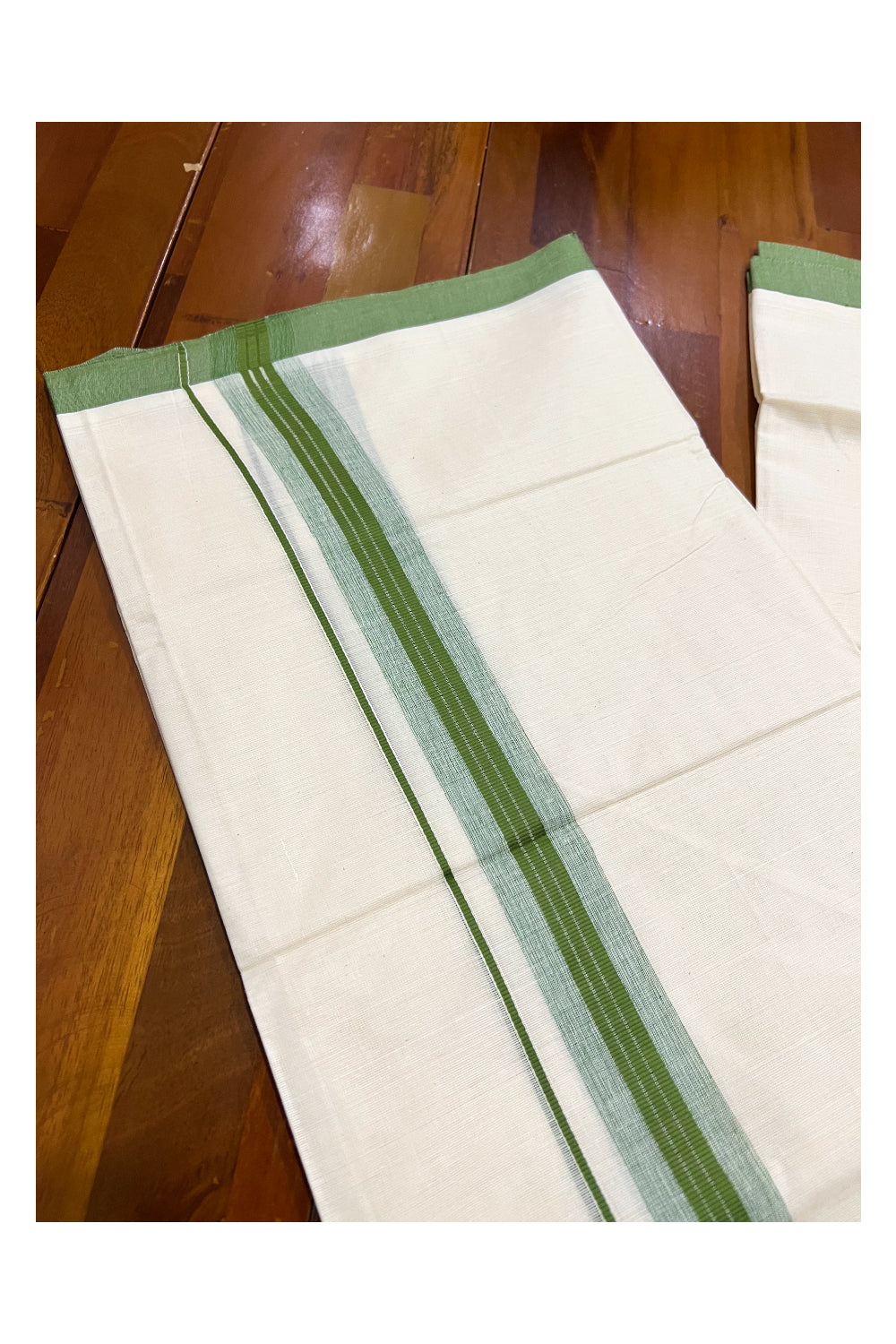 Pure Cotton Off White Double Mundu with Green Border (South Indian Dhoti)