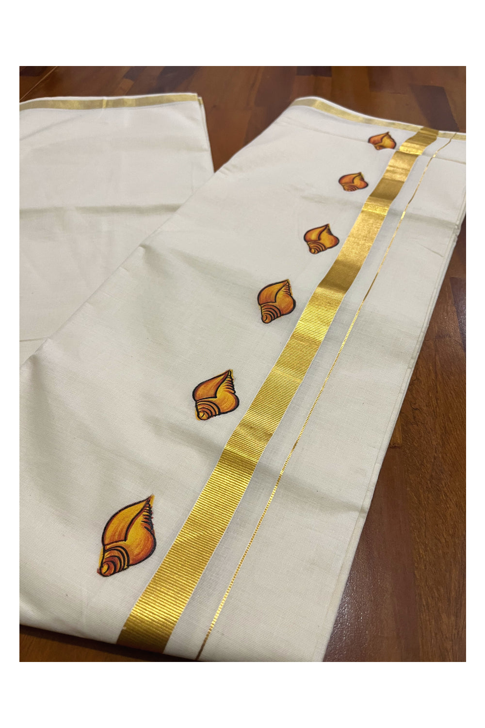 Off White Pure Cotton Double Mundu with Shell Mural Painted Design on Kasavu Kara (South Indian Dhoti)