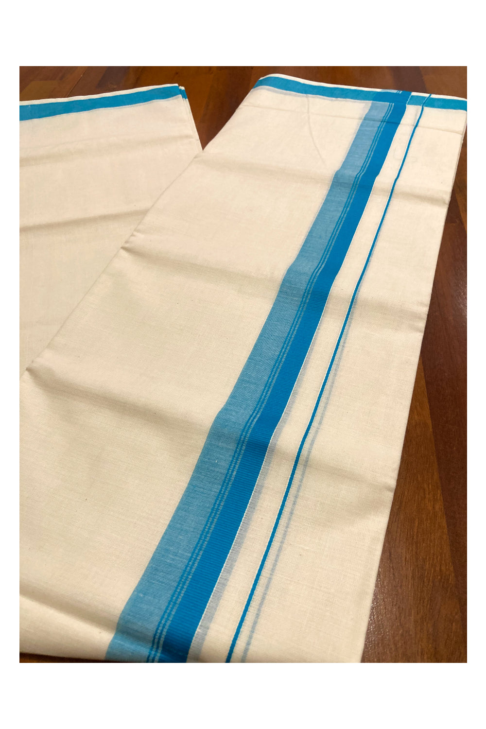 Off White Pure Cotton Double Mundu with Blue Border (South Indian Kerala Dhoti)