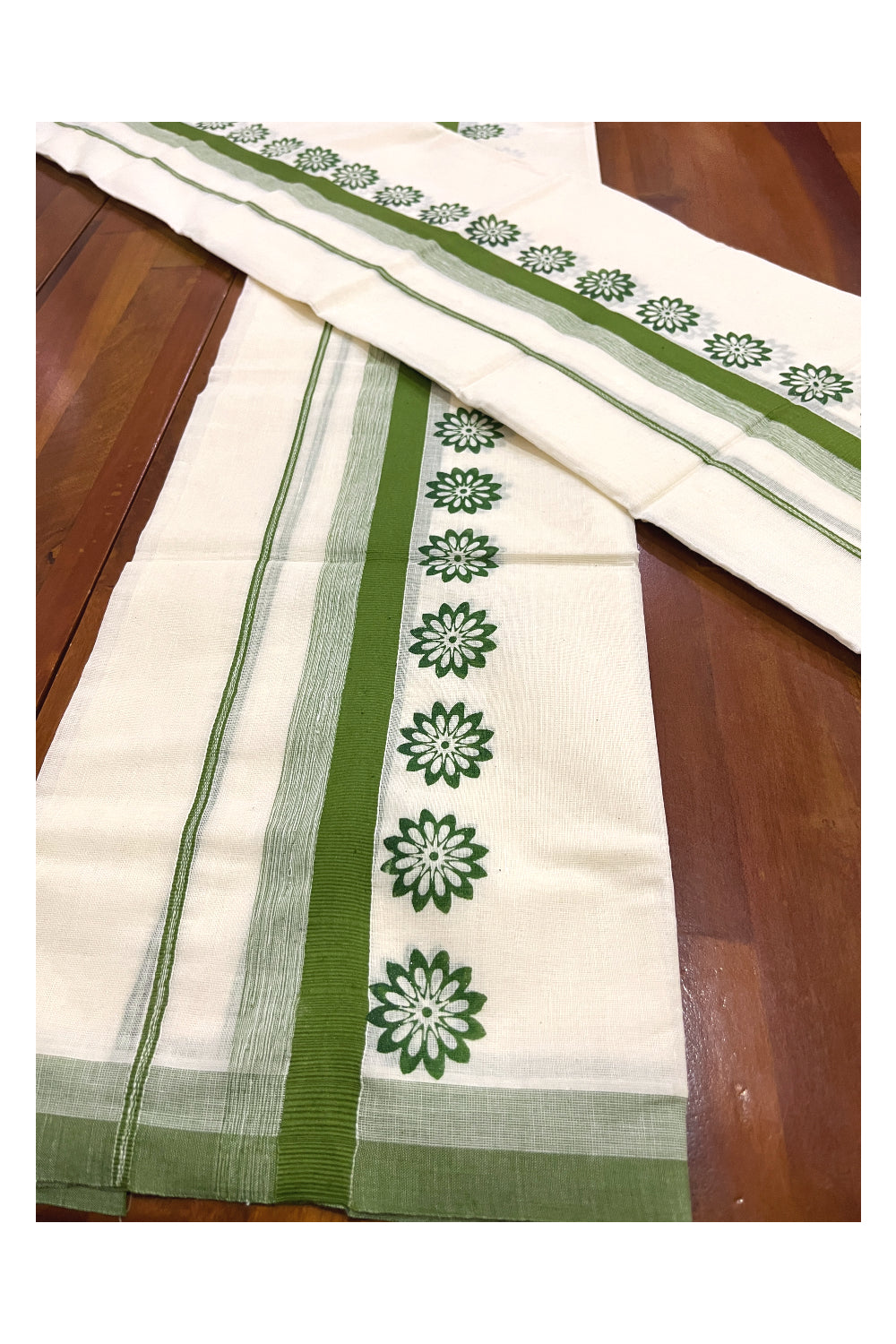 Kerala Cotton Single Set Mundu (Mundum Neriyathum) with Green Floral Block Prints on Border