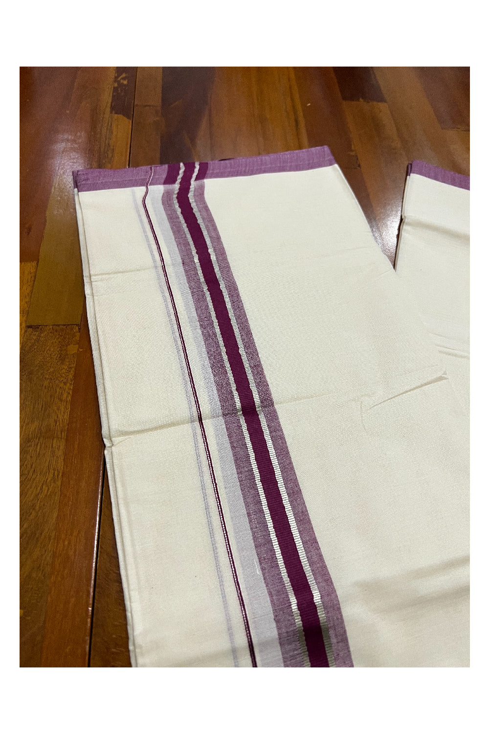 Pure Cotton Off White Double Mundu with Silver Kasavu and Maroon Border (South Indian Dhoti)