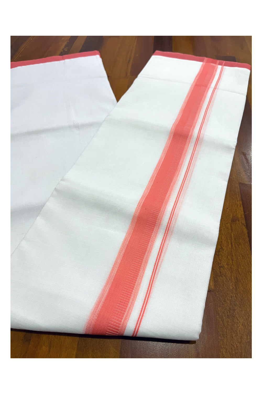 Pure White Cotton Double Mundu with Peach Border (South Indian Kerala Dhoti)