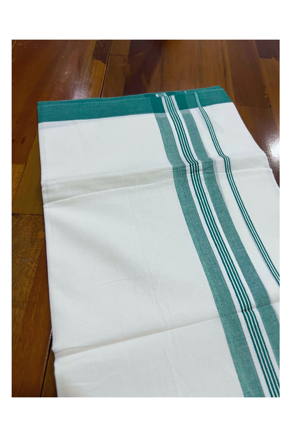 Pure White Cotton Mundu with Green Kara (South Indian Dhoti)