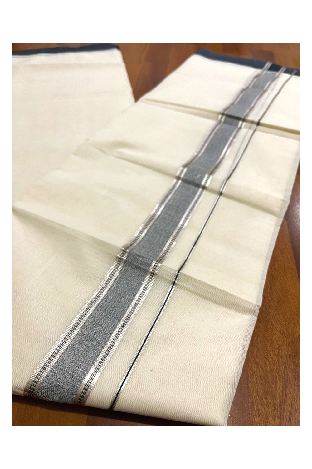 Pure Cotton Off White Double Mundu with Silver Kasavu and Black Border (South Indian Dhoti)