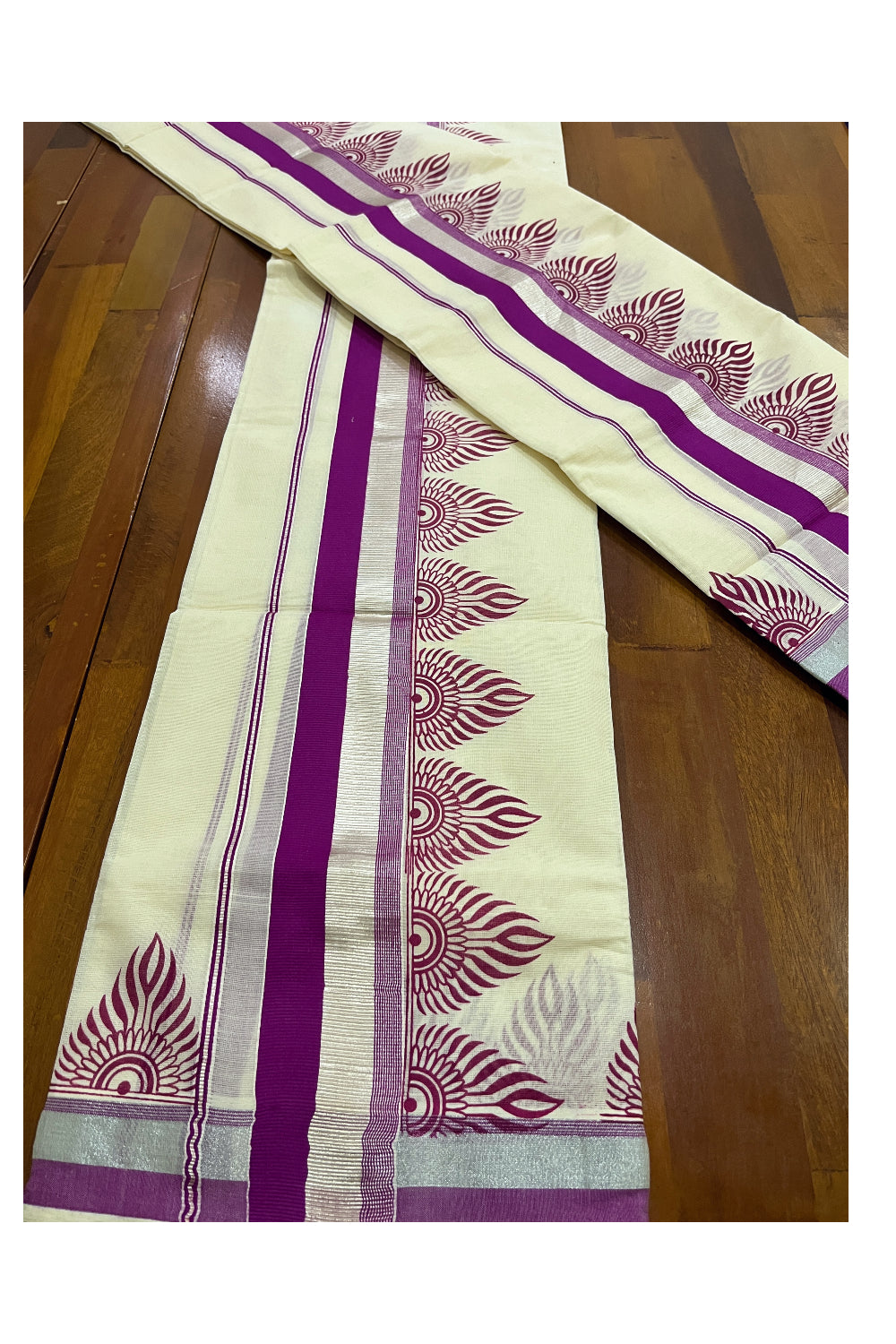 Pure Cotton SIlver Kasavu Single Set Mundu (Mundum Neriyathum Vishu 2023) with Magenta Block Prints 2.80 Mtrs