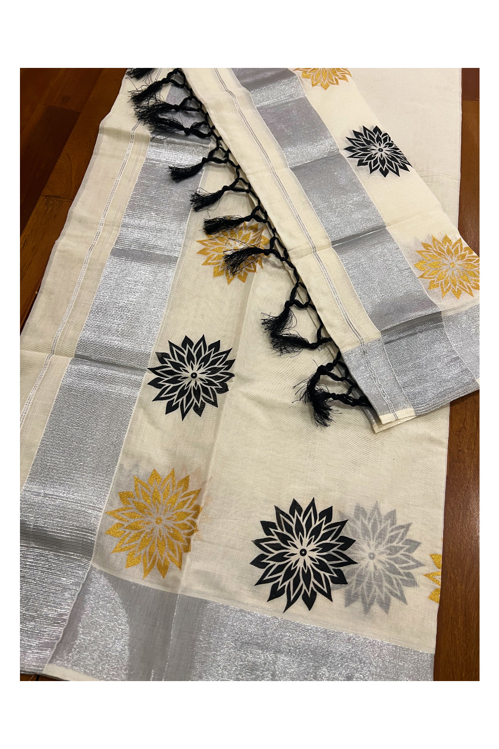 Kerala Cotton Mundum Neriyathum Single (Set Mundu) with Black and Golden Floral Block Prints