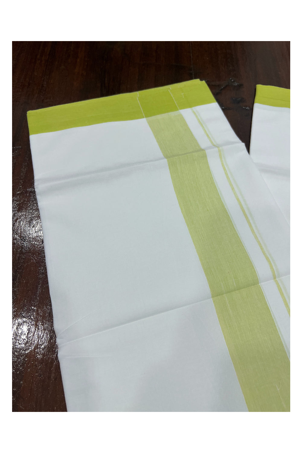 Pure White Cotton Double Mundu with Light Green Border (South Indian Dhoti)