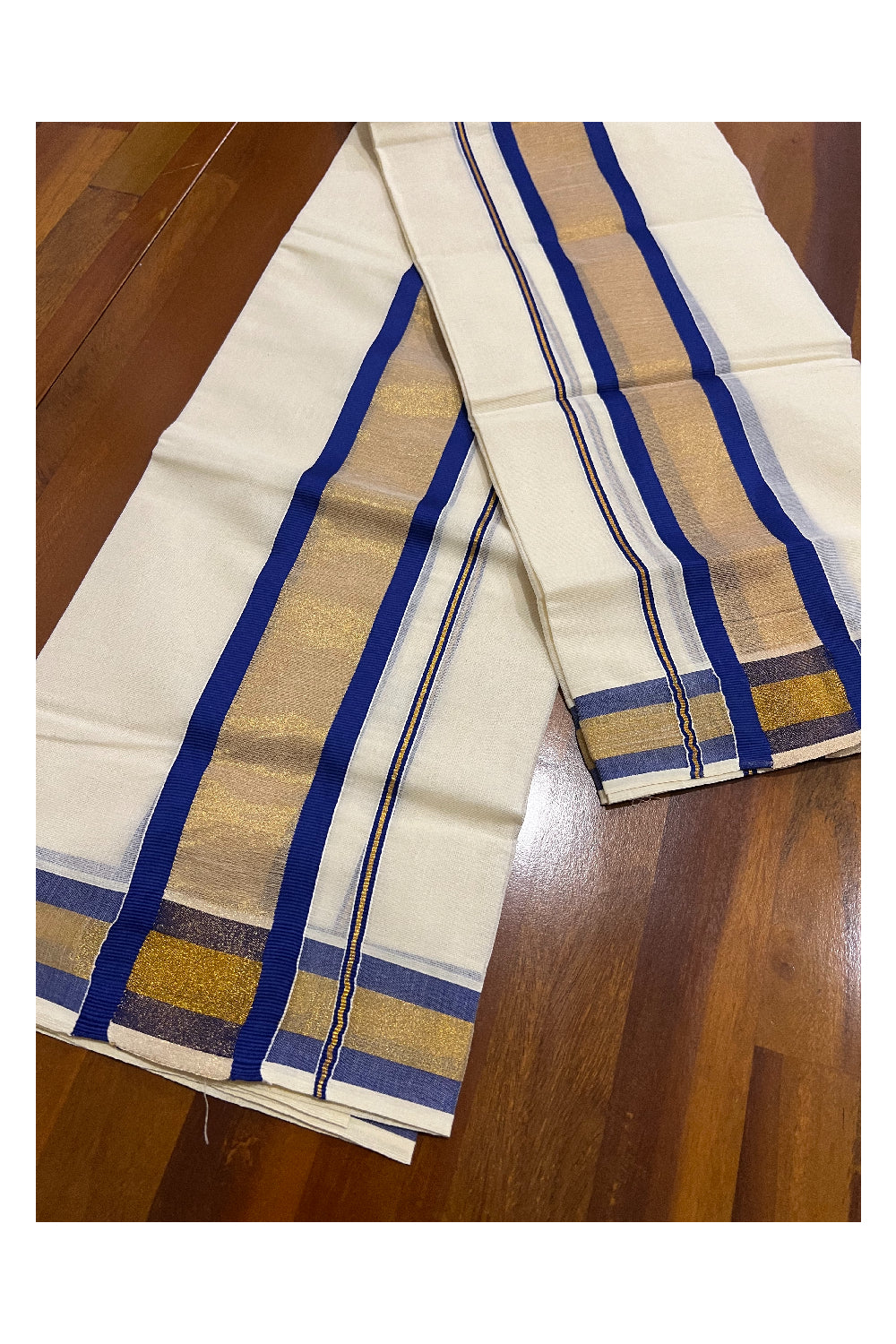 Kerala Cotton Set Mundu (Mundum Neriyathum) with Kasavu and Dark Blue Border