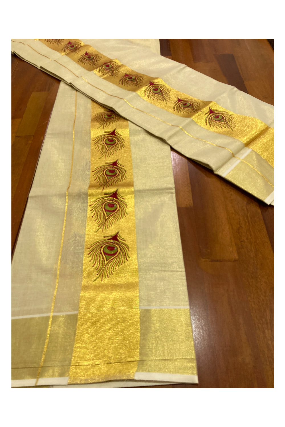 Kerala Tissue Kasavu Set Mundu (Mundum Neriyathum) with Feather Embroidered Design 2.80 Mtrs