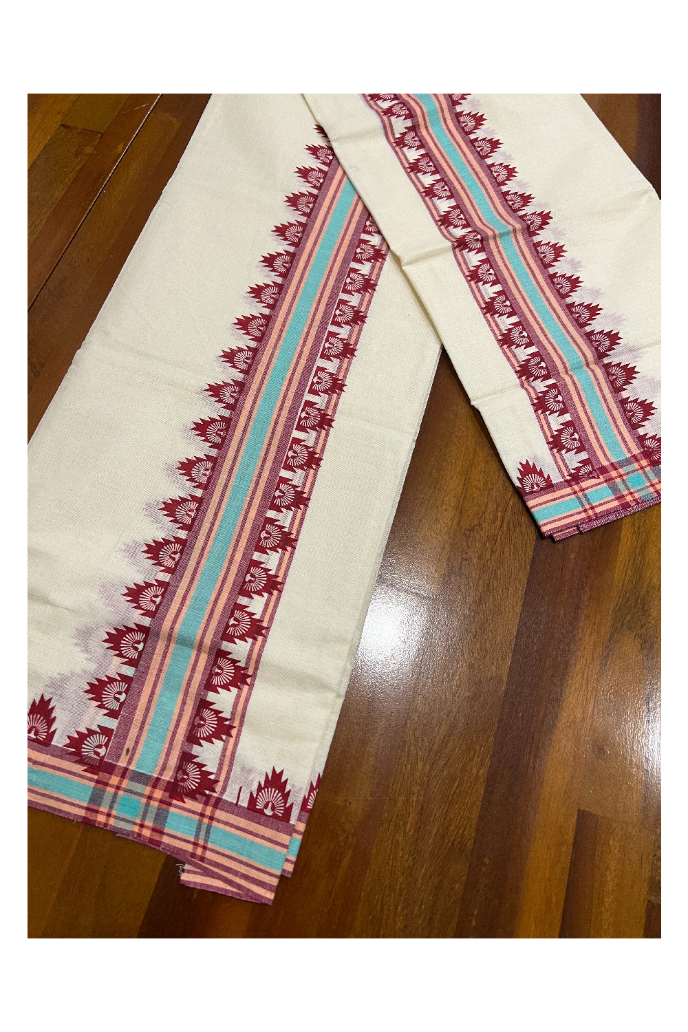 Kerala Cotton Mulloth Mundum Neriyathum Single (Set Mundu) with Brick Red Temple Block Prints on Turquoise and Brick Red Border (Extra Soft Cotton)