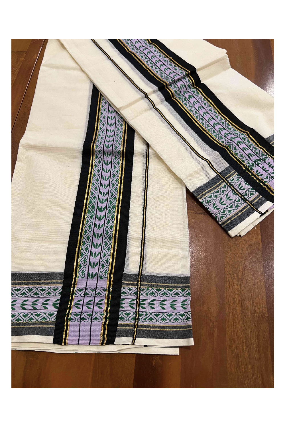 Kerala Cotton Set Mundu (Mundum Neriyathum) with Kasavu Black and Green Block Print Border