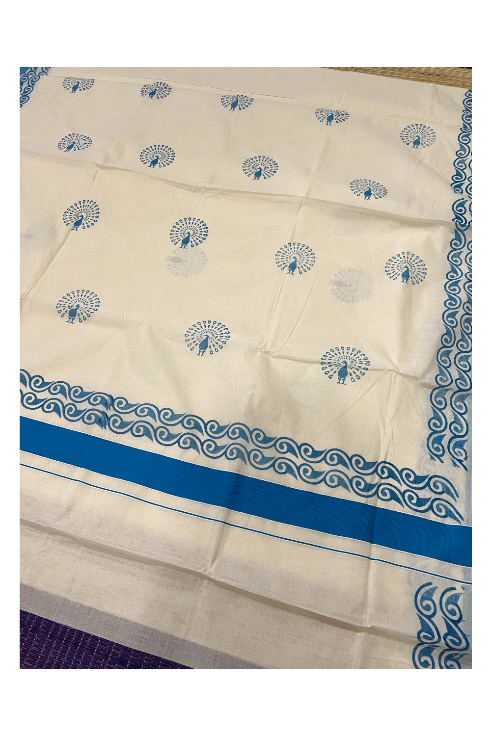 Pure Cotton Kerala Saree with Light Blue Peacock Block Printed Design