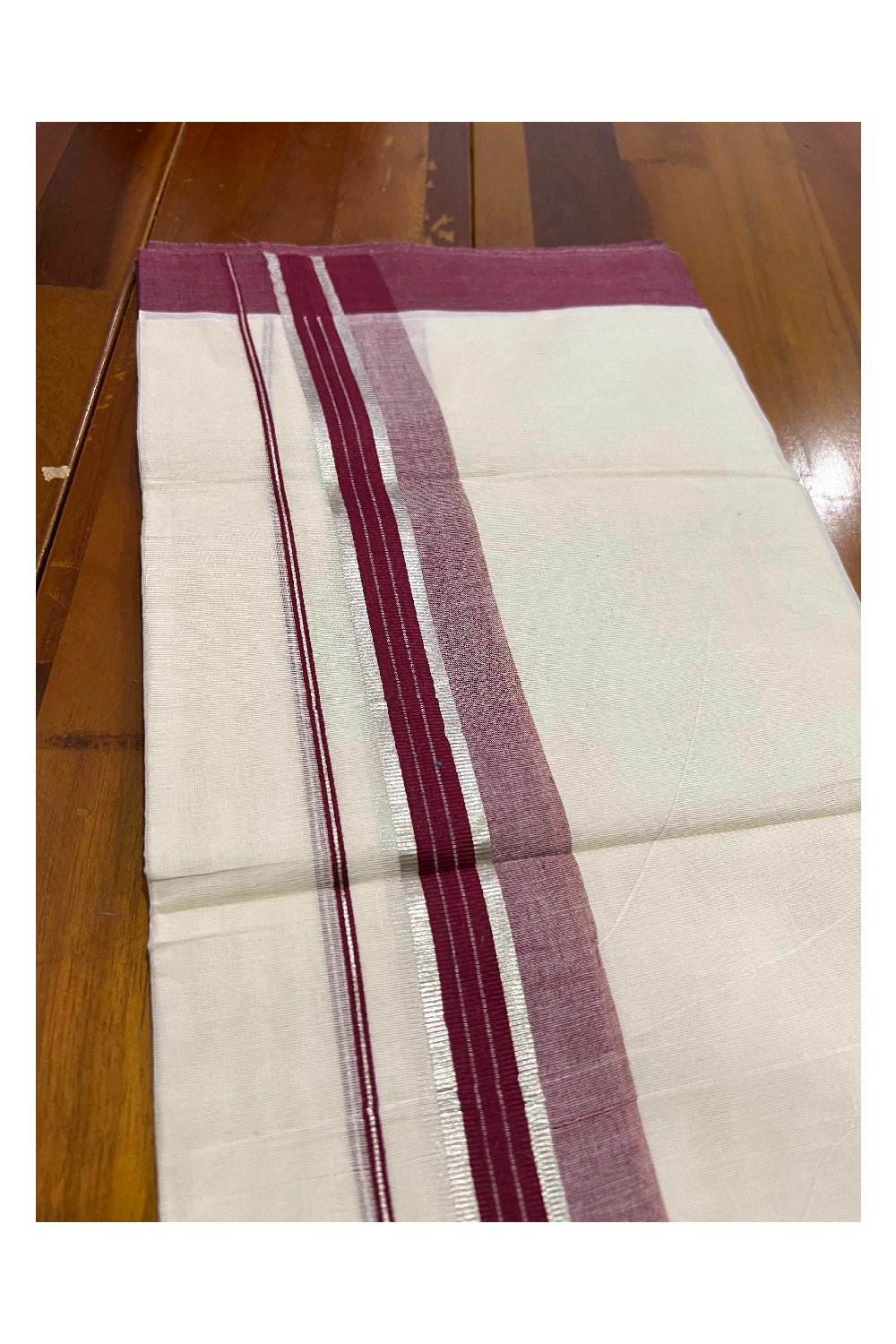 Off White Kerala Double Mundu with Silver Kasavu and Maroon Border (South Indian Dhoti)