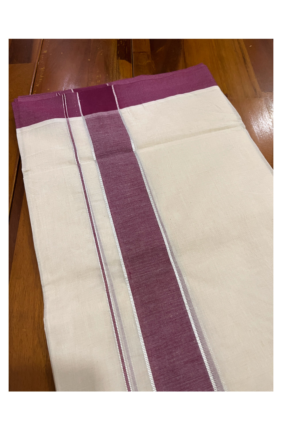 Pure Cotton Off White 100x100 Double Mundu with Silver Kasavu and Maroon Border (South Indian Kerala Dhoti)