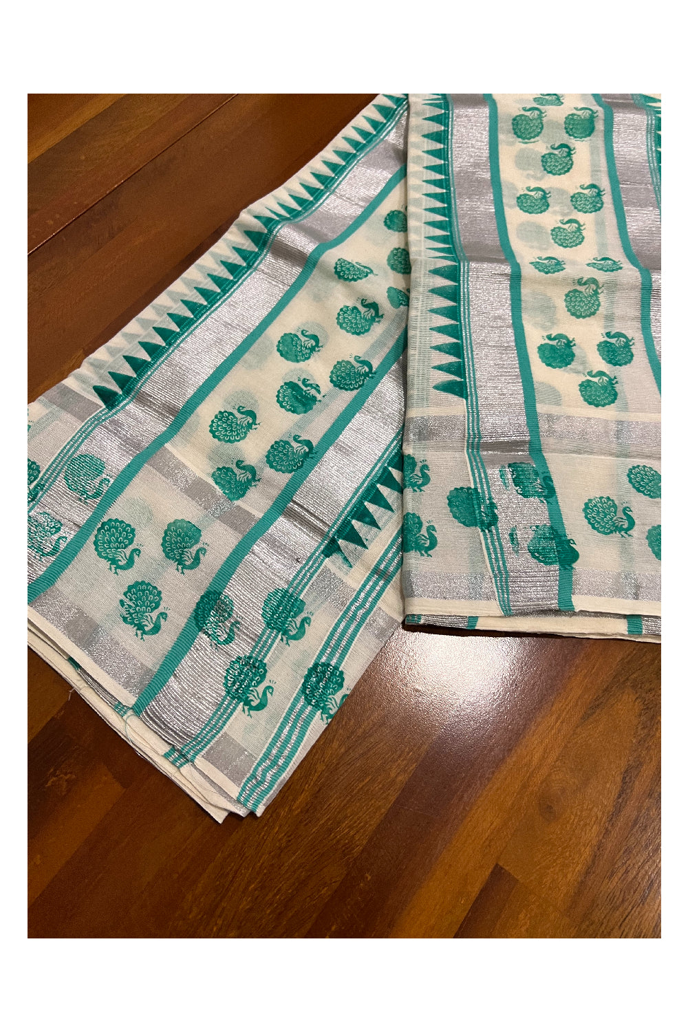 Kerala Cotton Silver Kasavu Set Mundu (Mundum Neriyathum) with Turquoise Peacock Block Print Heavy Border