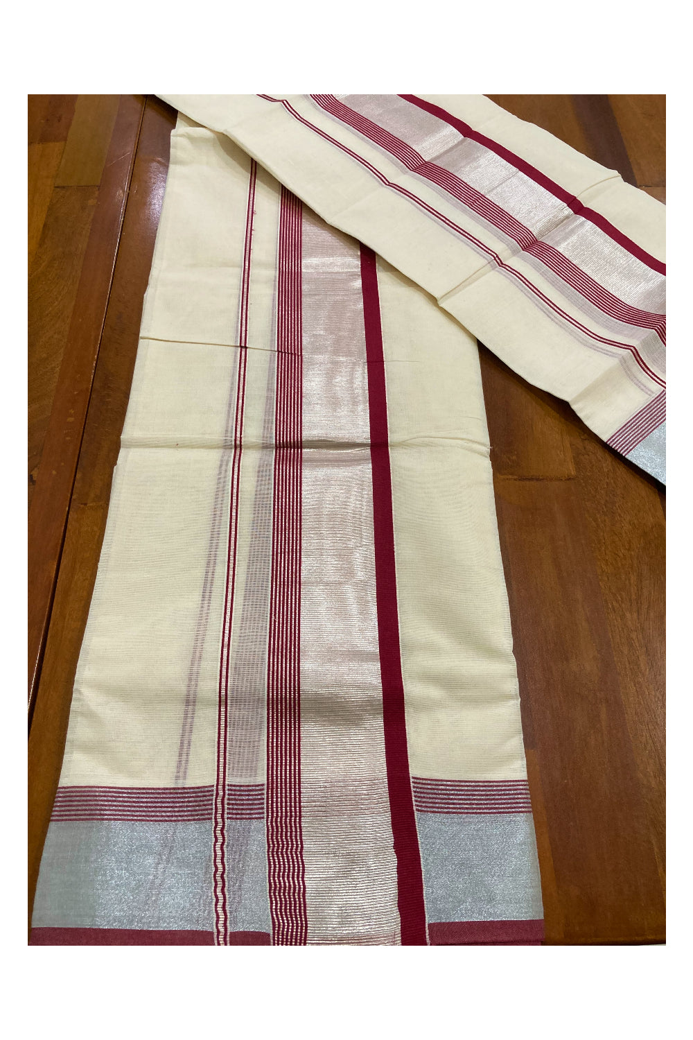 Mundum Neriyathum Double (Set Mundu) with Maroon and Silver Kasavu Border 2.80 Mtrs