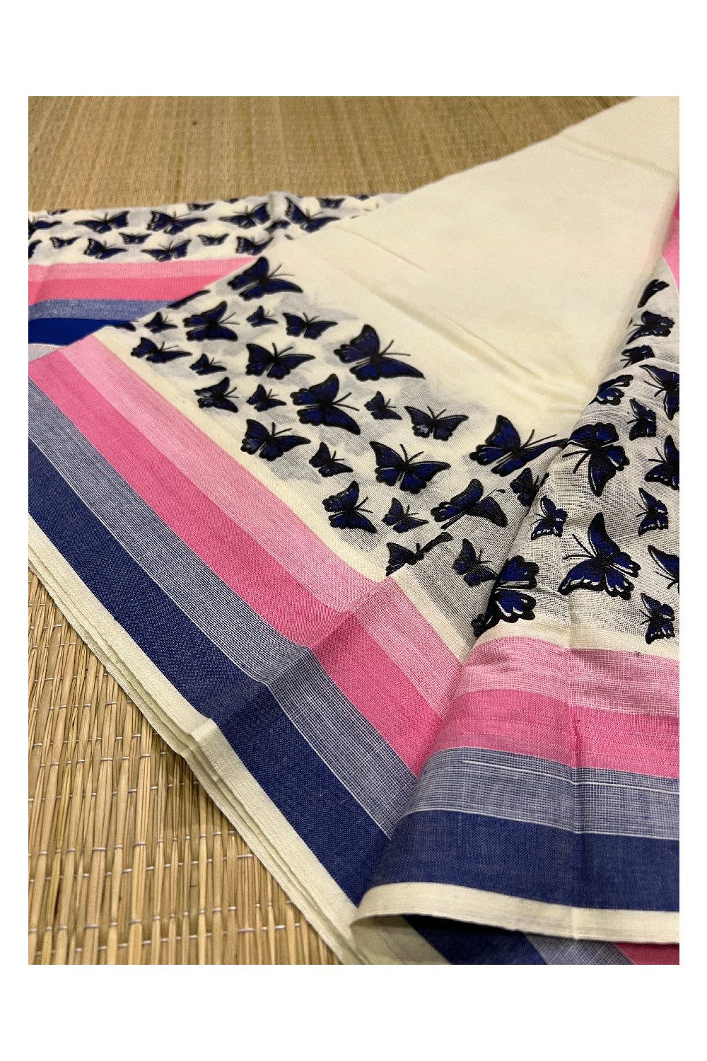 Kerala Cotton Set Mundu (Mundum Neriyathum) with Peach Blue Butterfly Block Prints on Border