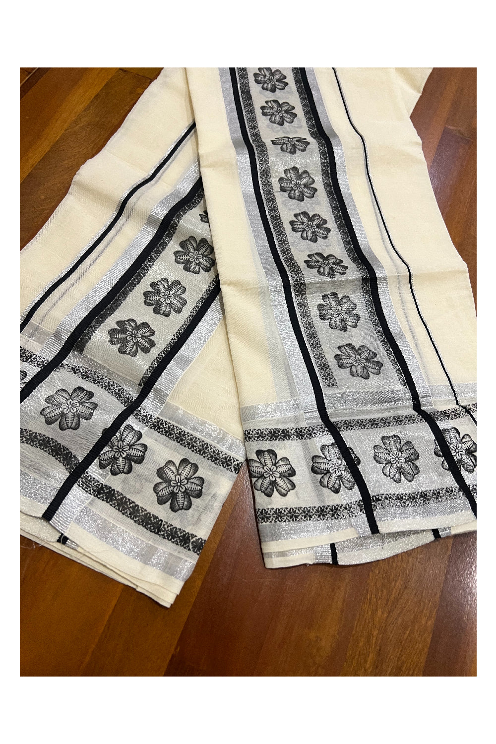 Cotton Silver Kasavu Set Mundu (Mundum Neriyathum) with Black Floral Block Prints on Border